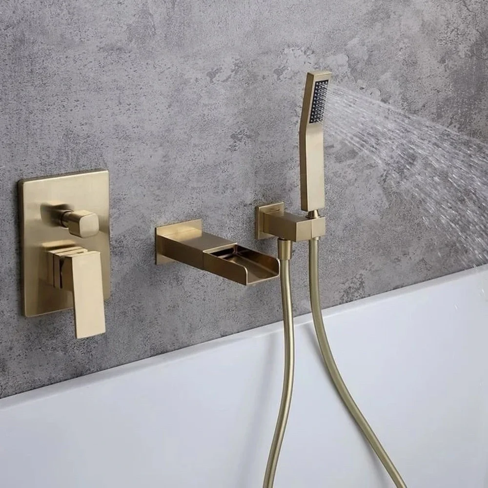 Modern Waterfall Wall-Mount‎ Solid Brass Bathtub Faucet With Handheld Shower